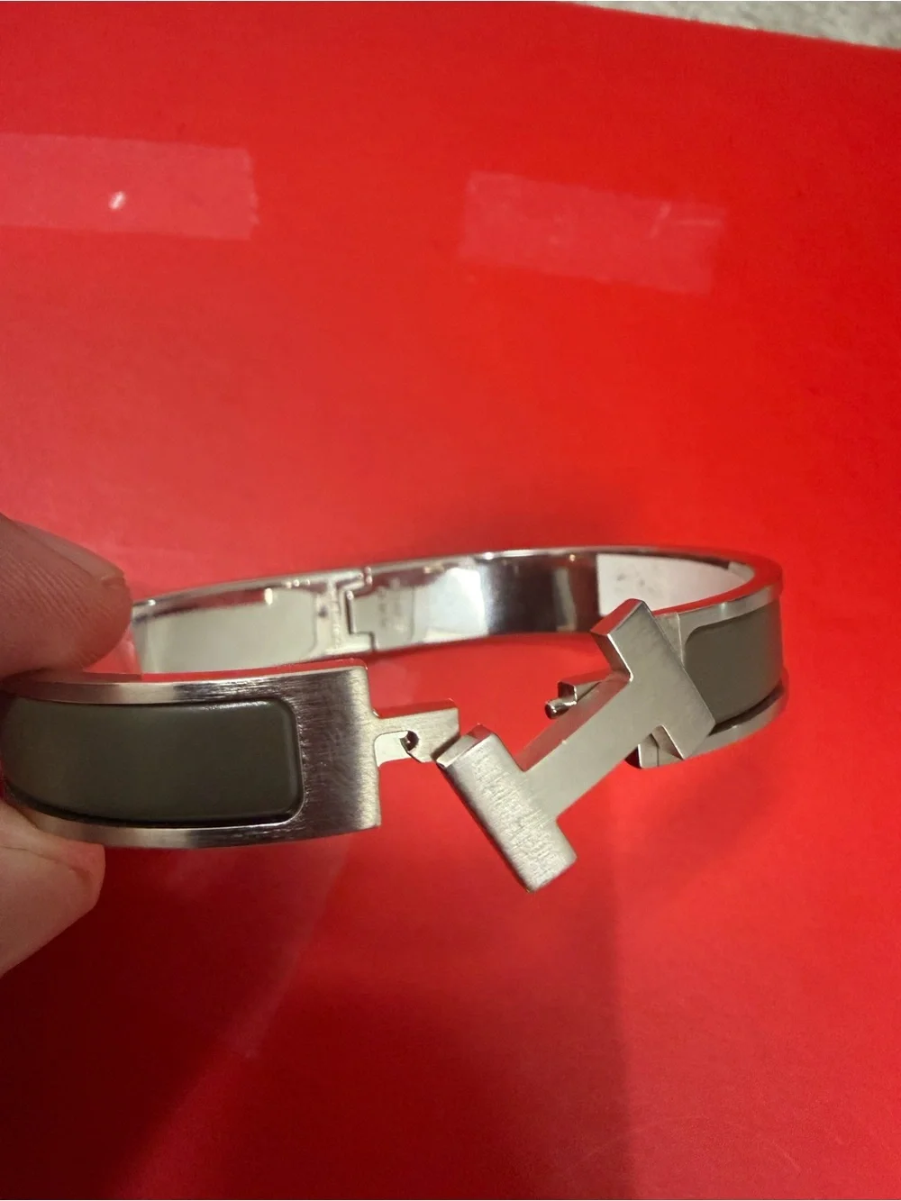 Hermes La Maison Stainless Steel H Cuff with Dark Brown Enamel